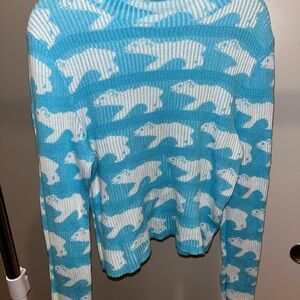 BDG Urban Outfitters Polar Bear Knit Sweater Blue & White Cropped Mock Neck